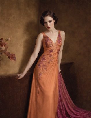 edward crow, 1920, drawn illustration edward crow's dress by m d dean, in the style of light orange and dark magenta, glamorous, tetsuya nomura, hand-painted details, phoenician art, stasia burrington, carnivalesque