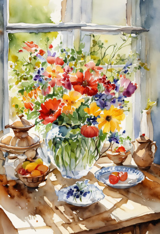a close up of a table with a vase of flowers on it, delightful surroundings, with a french garden, house kitchen on a sunny day, french village interior, by Bernard D�Andrea, bright window lit kitchen, architectural digest, homes and garden magazine, homes and gardens, architectural digest photo, summer morning light, with flowers and plants, vignette