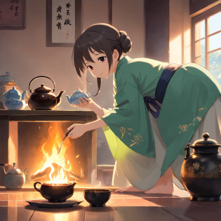 Anime 7-year-old girl in Hanfu standing next to a teapot, flatchest?full bodyesbian?Boiling a teapot over charcoal on the stove, Side Body?stove?charcoal fire?teapot?Please wear black cloth shoes?author?author?Qu Leilei, author?Chen Dafu, author?Xia Gui, author?Elephant Kazuyoshi, by Yang J, author?Qiu Ying, author?Chen Jiasui, author?shaggy, author?Xia Yong, author?Yao Tingmei, Drinking tea, By Li Song
