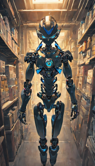 Black humanoid robot with tool in hand that works with computer support and electrical installation of home , automation in a small country town with some security cameras , com cftv