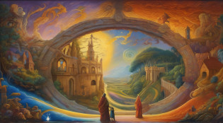 pintura de um homem e uma mulher em frente a um castelo, Painting of a dreamlike landscape, Fantasy oil painting, Pintura realista de fantasia, pintura de fantasia, Arte tolkein, Directed by: Tomek Setowski, inspirado em Johfra Bosschart, inspirado em Vladimir Kush, Arte de fantasia grande angular, Directed by: Vladimir Kush, por Johfra Bosschart, Fantasy oil canvas