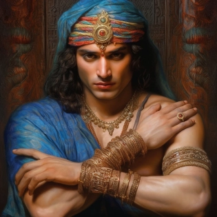Krishna, Ultra-Wide Angle - Pull the camera very far back from subject, ultra realistic, male, muscular, indian, perfect hands, perfect eyes, perfect face, tow arms, five fingers, perfect hands, sharpen, brilliant colors, show legs, orientalist, intricate, by William Blake Richmond, john william waterhouse, cinematic, hyper realism, dramatic lighting, photo - realistic, high detail, HD, 8K