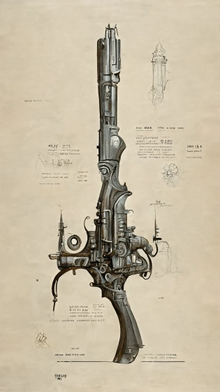 gray paper, full page scan of mid-century 1900s detailed concept art of raygun weapon, baroque style illustration, precise lineart symmetry::2, 8K matte concept art --ar 9:16