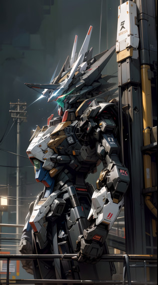 Close-up of robot standing on city platform, anime large mecha robot, modern mecha anime, anime mecha aesthetic, mecha anime, cool mecha style, giant anime mecha, Black color mecha, Mobile Suit, armored core style mecha, Gundam Robot, japanese mecha, gundam style, Giant robots, Mecha warrior?droid? best qualtiy? highly  detailed? ultra�-�detailed? tmasterpiece? 8k ??? White theme? Green eyes? Bad anatomy? absurderes? A high resolution? super fine illustrations? absurderes? ??? Game CG? suzerain?is in night? ?rays of black light?1?? ?Detailed beautiful face and eyes?1?? command spell? Mecha Musum? Masks? mechanicalparts? robotjoints? full armour