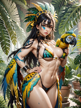 Wild Xavante India, extreme tanned skin, extreme long black straight hair messes over naked boobs,a bit muscular, huge macaw blue parrot feather headdress, medium breast, athletic built, long legs, curvy, big parrot feather cover , breast painted blue and yellow, indigenous yellow and green facial painting, huge macaw blue parrot feather necklace, honey eyes,tall body, ((medium thigh))