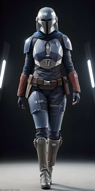 female in (blue mandalorian suit), (((full body visible))), looking at viewer, portrait, photography, detailed skin, realistic, photo-realistic, 8k, highly detailed, full length frame, High detail RAW color art, piercing, diffused soft lighting, shallow depth of field, sharp focus, hyperrealism, cinematic lighting