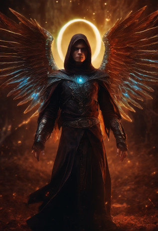 Cosmic Fallen Angel, glowing light eyes, Biomechanical, eerie, Creepy, nightmarish, Very bright colors, Light particles, with light glowing, Mshiff, wallpaper art, UHD wallpaper, anakil skywalker, 15 years, medieval clothes