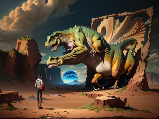 there is a woman standing in front of a picture of a dinosaur, a meteor impact behind a dinosaur, epic surrealism 8k oil painting, magic realism matte painting, photomanipulation, surrealistic digital artwork, surreal collage, surreal digital art, at the time of dinosaurs, surreal realistic, inspired by Adam Rex, surreal art, surreal and fantasy art, realistic fantasy painting