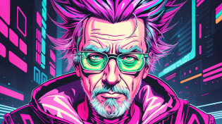 a close up of a person with a neon hair and glasses, cyberpunk art style, cyberpunk old man, portrait art of rick sanchez, cyberpunk artstyle, futuristic art style, 4k detailed digital art, portrait of rick sanchez, cyberpunk themed art, masterpiece epic retrowave art, cyberpunk illustration, 2 d digital vector art, 2d digital vector art, rick sanchez --auto --s2
