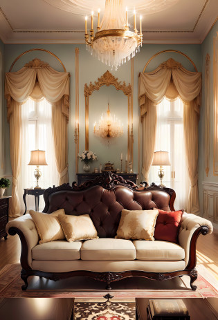 Living room decorated in European style, a luxurious and refined atmosphere. Intricate interior decoration details emphasize the refined style of the room, while a carefully considered decoration design adds an impeccable finishing touch.