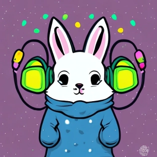 cute antropomorphic bunny with earmuffs in winter wonderland sticker in a easy vector style, happy, glowing lights, no watermark, 8k, high detail, high resolution, comics, inking, graffiti art, graphic, golden ratio composition, 8k, black background, no watermark, intricate detail, high resolution