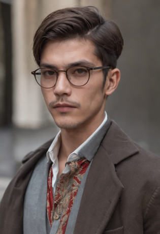 Imagine um homem de 27 anos com cabelos curtos e marrons escuros, that are carefully combed. His piercing eye is greenish, conveying a mixture of mystery and intensity. Ele veste grande, bright prescription glasses resembling fly eyes, giving it a peculiar and mysterious appearance. your body is defined, embora esteja ocultado por vestes largas, suggesting a relaxed style of dress. On your arm, ele tem uma tatuagem intrincada, which is a mixture of symbols and images, telling a unique and enigmatic story. Around your neck, He wears a cord with the symbol of an extraterrestrial, adding an extra dose of mystery to your persona. He's in an urban environment, with tall buildings in the background, indicando uma cidade moderna. The afternoon sunlight casts a soft glow over her, destacando sua figura e as peculiaridades de seu visual. No geral, a imagem transmite a ideia de um homem intrigante, with an enigmatic aura and a connection to the unknown
