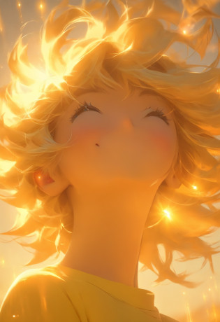 blond girl in a yellow shirt is posing in front of the sun, in the style of jessica drossin, shiny/glossy, konstantinos parthenis, distinctive noses, naomi tydeman, 32k uhd, soft, atmospheric lighting