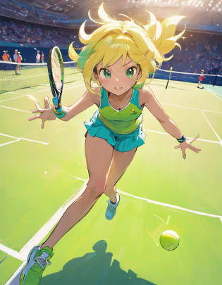 A Sowsow-drawn tennis player would be a dynamic and visually captivating illustration. Sowsow's unique artistic style often combines realism with a touch of whimsy, making the character come to life on the canvas.

In this illustration, the tennis player would be shown in the midst of a thrilling match on a vibrant tennis court. Sowsow's attention to detail would bring out the athleticism and determination of the player. Here's a detailed description of the illustration:

**Character Appearance:**
- The tennis player would be realistically portrayed with a strong, athletic build, showcasing their physical prowess.
- Their tennis attire would be detailed, including a stylish and functional tennis outfit, likely with colorful accents that catch the eye.
- The player's facial expression would convey intense focus, determination, or perhaps even a hint of excitement as they engage in the match.

**Tennis Action:**
- Sowsow would capture the player's dynamic movement as they prepare to serve or return a powerful shot. The player might be mid-swing, with their body twisted and arms outstretched.
- The tennis racket would be intricately designed, emphasizing the tension in the strings as it impacts the tennis ball.
- The tennis ball itself would be depicted with motion lines to convey its speed and trajectory.

**Background:**
- The tennis court would be rendered with meticulous detail, from the bright green of the grass or the clay to the markings on the court.
- Spectators in the background would cheer on the player, their expressions reflecting the excitement of the match.
- The lighting might play a crucial role, casting dramatic shadows on the court and player, enhancing the overall atmosphere.

**Sowsow's Signature Touch:**
- Sowsow's artistic flair might include a touch of whimsy, such as exaggerated expressions or playful details that add character to the illustration.
- The vibrant colors and textures would make the illustration pop, creating a sense of energy and