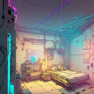 nvinkpunk, empty bedroom, anime posters and figurines on shelves, neon lights, cyberpunk