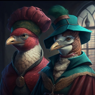 a picture of two people, wearing cloth hats and robes, in the style of realistic animal portraits, unreal engine, neo-renaissance, maroon and emerald, avian-themed, city portraits, charming characters --ar 50:49 --v 4 --q 2 --s 750