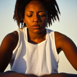 hyper realistic photograph, black woman, wearing white t-shirt, natural light, looking down film grain, Leica 50mm, Kodak portra 800, chiaroscuro, f1. 4, golden hour �ar 3:4 �test --upbeta