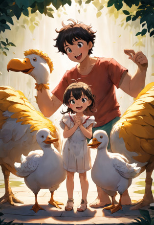 Chapter 4: Ties of Friendship

After the emotional show, Lisa and Pedro felt that something special was about to happen backstage. They were invited to a reserved area, where they met Dodo, a duck with disheveled feathers and a curious look. Dodo dreamed of becoming a stand-up comedian and shared his wish with the kids.

Lisa and Pedro were excited about the idea and soon became friends with Dodo. Together, they spent hours creating jokes and developing a hilarious number. Dodo told his jokes, while Lisa and Pedro made funny gestures and faces. Gradually, they put on a show that made everyone laugh, including Laughing Master and Popcorn Clown.

It's time for Dodo to take the stage. Lisa, Pedro and Dodo bravely faced the public. Dodo told his jokes, and the children followed along with their comical expressions. The audience laughed out loud, applauding Dodo's courage and the children's team spirit.

At the end of the show, the Laughing Master hugged Lisa, Pedro and Dodo, praising the strength of their friendship and the way they managed to make everyone laugh together. Dodo realized that the real magic of the circus was not just in the animals' funny tricks, but in the special connection between people and animals.

Lisa, Pedro and Dodo became inseparable friends, continuing to travel with the Circus of Funny Animals and spreading laughter and joy wherever they went. They learned that friendship is the greatest reward of all, and that the power to make someone smile is one of the most special things anyone can offer. Together, they formed an unlikely trio, united by bonds of friendship that would last forever.