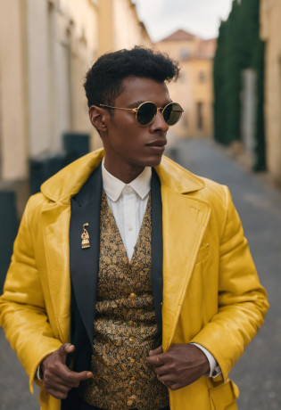 imagem arafed de homem 30 anos usando casaco amarelo, jaqueta de rapper, arte digital por Andrei Kolkoutine, trend in cg society, Arte Digital, Editorial Prada Oficial, Steven Klein, fotografia editorial, fotografia editorial, imagem editorial, Wes Anderson e Gucci, Moody : : Anderson Wes, fotografia de alta moda, Vogue Italy, lente amarela futurista, Editorial de Moda, Gucci, ((poster)), Vogue Italy, futuristic retro, editorial de moda, shot on Hasselblad H4D 200MS Digital Camera, (((ultra realistic))), (((super detalhado))), Foto Natural, filmed on a professional camera, Safra dos EUA, HDR, 8k.