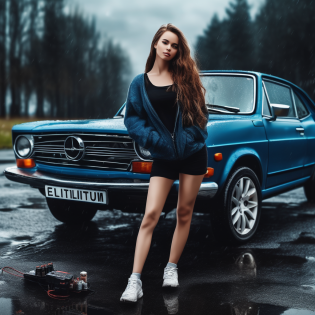 Beautiful background for the website, cars, wet asphalt, a beautiful girl with a size 3 bust, holding a car battery with two hands, the name on the battery should be 