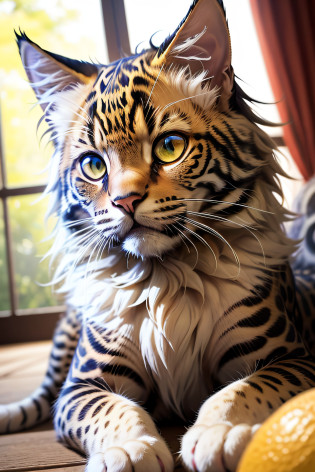 Gatinho bonito Mainecoon, Estilo do gato de Bengala, olhos verdes, cor laranja, jaguar spots, master part, alta qualidade, Detalhes altos, ultra-detalhado, fotorrealista