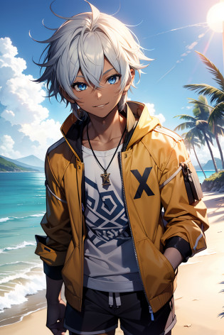 young boy, black skin, blue eyes, white hair, smiling, X tidus final fantasy clothes, yellow jacket, blue beach shorts, on a beach, resort, wooden resort, 4k,