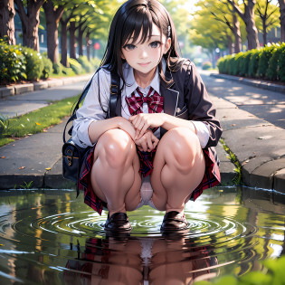(((Reflection Panty Shot))),(White panties and camel toe reflected in puddle),(((Wide shot))),Squatting by the water,1 woman,Schoolgirl uniform,Plaid skirt,Beautiful woman in Japan,,Masterpiece:1.5,Best Quality,Ultra Detail,High Definition,8K,Beautiful face and eyes in every detail,From above,Looking at the viewer,Smiling,Upward,Outdoor,Daytime,Park,Puddle, road, natural light, legs open, knees open,