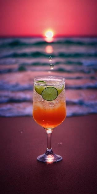 RAW photo, masterpiece, close up photo of a glass of carbonated colorful drink, color layers, water droplets at glass surface, perfectly shaped glass, water droplets, air bubbles, water slash, (( ice cubes, lime, cherry )), moist, intricate, detailed, in the sand at the beach, tropical beach and sunglasses in the background, white sand, natural light, rule of third, cinematic composition, golden hour, sunset