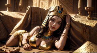 (((sfw))), 
 (girl:1.2), (solo:1.2),   adult, 30 years, egyptian, pharaoh,     ( egyptian queen Cleopatra), (half-lying, resting) on the gold sofa, Lying on the side,   and       ( a detailed Cheetah) laying next to her like sphinx,   BREAK      
 detailed beautiful face,   busty, ( large hanging breasts),  covered nippleslips, open beautiful tummy,open shoulders,barefoot, wide hips,    mulatto, dark skinned,detailed dark short hair,          
   golden silk bra, golden silk thong,  [gold armor],       egyptian face makeup, Egyptian striped head scarf, [slim gold body chains], long eyelashes, languishing look,       
   full body view, (resting pose), proud and majestic, [staged cosplay photo],        epic historical shoot, ancient shoot,  a realistic shoot from ancient Egypt,  
   brimming with gold, precious gems, and magnificent drapery, gold jewelry, bracelets, beauty,         
   detailed face, detailed pupils, detailed iris of eyes, detailed color contact lenses, best combination of 5fingers,perfect detailed body, correct humanoid anatomy,         best quality, masterpiece, small detailed, high-resolution, intricate details,