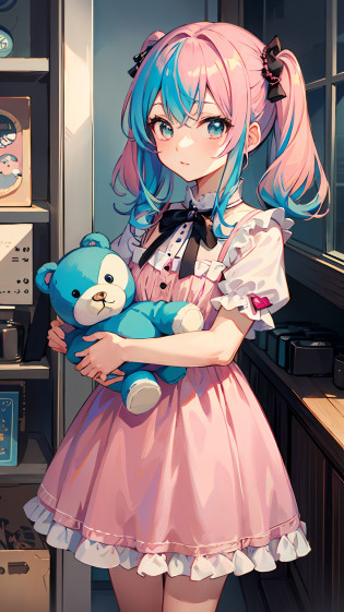 Anime girl with pink hair and pink dress holding teddy bear, splash art anime loli, cute anime girl, cute anime, soft anime illustration, little curvaceous loli, loli in dress, loli, pink twin-tailed hair and cyan eyes,