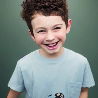 A medium shot anime portrait of a young smiling anime boy child with extremely short curly wavy light hair and blue eyes, buzzed sides, brown hair, blue-eyed, chubby face, very young, 4yr old, medium shot portrait, wavy and short top hair, his whole head fits in the frame, solid color background, flat anime style shading, head shot, 2d digital anime drawing by Stanley Artgerm Lau, WLOP, Rossdraws, James Jean, Andrei Riabovitchev, Marc Simonetti, and Sakimi chan, trending on artstation