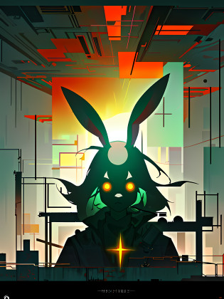 (blame! style abandoned tech landscape), (Zen, Amy Sol style), (underground, dark, foggy, perilous, abandoned dystopian apartment bedroom, deep windows), (abstract anthro rabbit figure wearing bunny ears), cover art with light abstraction, abstract, simple vector art, contemporary Cybernetic art, color gradients, soft color palettes, layered forms, whimsical animation, style Ethereal abstract, 4K, --v6
