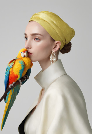 A parrot with a pearl earring, vermeer style, 12K, high quality, HD, octane render