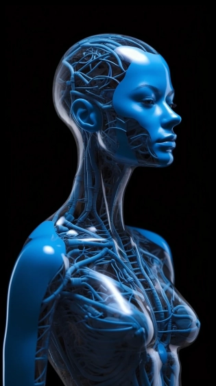the woman in blue body standing in front of a black background, in the style of realistic anatomies, future tech, distinct facial features, machine-like precision, matte photo, high definition --ar 51:91 --style raw --s 750 --v 5. 1