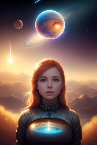 a highly detailed surreal airbrushed art of dopamine flowing from Venus and through space into me, CGSociety, Unreal Engine, 8K, render, CGI, concept art, trending on artstation, dutch golden hour, dreamlikeart, a beautiful redhead warrior young girl, ambient lighting, art by ilya kuvshinov, artgerm, Alphonse mucha, and Greg Rutkowski