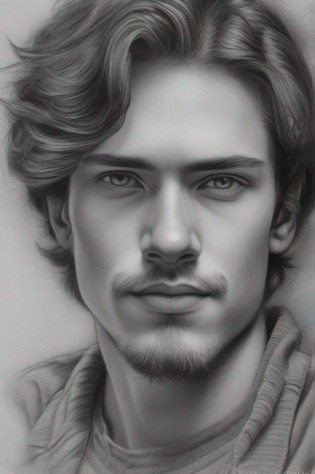 A compelling greyscale pencil drawing portraying a confident teenage male with facial hair, exuding elegance and charm, showcased in a detailed portrait that extends till his upper body. The teenager's facial features are meticulously drawn, capturing precise details of his well-defined jawline, expressive eyes, and intricate facial hair. His confident look is emphasized, radiating an aura of self-assurance. The drawing is rendered in 8K HDR, ensuring stunning visual clarity and depth, elevating the detailed artwork. The background is kept minimal, accentuating the focus on the teenager's captivating presence and the elegant greyscale aesthetics. Style: Pencil drawing with a focus on precise linework, shading, and texture, capturing the essence of the teenager's confident expression and facial features. Execution: Created using high-quality pencils on fine-grained paper, employing various shading techniques to achieve a lifelike portrayal with rich details and textures, while showcasing the elegant greyscale style that enhances the teenager's charisma.