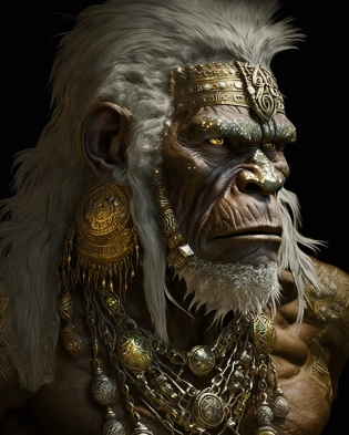 Bigfoot, growl, Mayan tribes, close-up, silver eyes, golden hair, full detail, exquisite decoration, rich style, realistic 3D micro details --ar 4