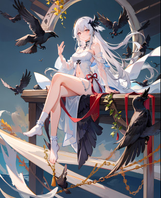 (Masterpiece), (Best quality), 8k�wallpaper?detailed detail?full body,Simple background,Sitting,randome pose?
1girll,Shiny hair,White hair,feathers hair ornament, White cloak, ((See-through)),Light smile,
plant, flower, ((black sock)), ((crow)),Chains,??,,navel,Bandeau wedding dress?