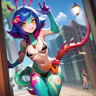 best illustration, illustration, vibrant colors, masterpiece, best quality, absurdities, 1girl, beautiful face, detailed eyes, looking at the viewer, contrapposto, sexy, full body, neeko, facial marks, hair ornaments, hair flower, necklace, lizard tail, multicolored skin, body painting, walking in public, with shame, red with shame, panting, smiling, in public, waving to strangers, teasing strangers, (( black micro-bikini)), walking on the street, in public, wearing black micro-bikini, black bikini, 2 girls, 2 twins