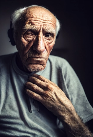 portrait photo of a old man crying, Tattles, sitting on bed, guages in ears, looking away, serious eyes, 50mm portrait photography, hard rim lighting photography--beta --ar 2:3 --beta --upbeta