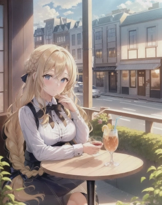 1girl, perfect anime illustration, happy, closeup, painting, dutch braids, voluminous buns, best blonde girl hair, pretty woman sipping a drink at a cafe, dark wooden table, comfy building, 11:00 am, morning, shining sun, clouds, parking lot, can see cars out the window, casual outfit, cute, aesthetic. (best quality:1. 2), animated lighting, octane render, bright mood, walking alone, fashion, anime, masterpiece, trending, detailed fanart, waist up portrait, anime faces, dynamic pose