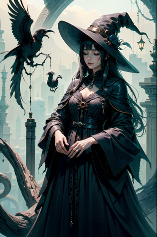 Old witch sitting in a Kadilau chair in the background?She wears a dark blue witch robe?The robe is embroidered with various strange patterns?Her hair was scattered messily across her face?Looks a little tired?She was holding a Soniste crow?The crow's feathers exhibit a deep blue sheen?The eyes shone faintly?
The old witch had a hint of tiredness on her face?Her eyes revealed an unfathomable wisdom and mystery?She closed her eyes slightly?Seems to be thinking about something?Her fingers gently stroked the head of the Soneste crow?It's as if you're feeling its presence?
The Sonest crow sat quietly beside the old witch?It gently flaps its wings with its small paws?Something seems to be waiting for?Its eyes closed slightly?As if contemplating something?
The whole scene is full of mystery and eerie atmosphere?The relationship between the Old Witch and the Sonest Raven seems to transcend the boundaries of humans and animals?The relationship between them seems to have some special meaning?It's curious?