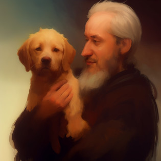 painting of a man holding a dog in his arms, Wadim Kashin. ultra realistic, Directed by: Vladimir Novak, Directed by: Seria Zhe, Directed by: Mikhail Evstafiev, inspirado em Ilya Repin, Michael Garmash e Rob Rey, Directed by: Lu Zhi, inspirado em Ilya Yefimovich Repin, Directed by: Ni Yuanlu, Directed by: Wadim Kashin