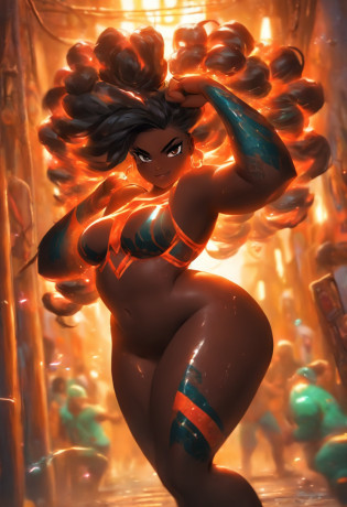 ((2 chubby, darkskin girls)) 2 full body profiles, 2 heavy big beautiful ((chubby Darkskin girls)), dancing near a cage wearing aluring bodypaint,2 full body portraits, , body paint) AND  (girl1: wet, cool,flirtatious, African-American, muslim, round, glasses,chubby woman, green and orange body paint, dark chocolate skin, mesmerizing, heterochromia amber eyes, flowing shining braided black hair , sensuous, bulbous, chubby , cool, heart-shaped face , nubian concaved kissable nose, strong, soft ,thick alluring, heart hips, big pear-shape breast, and ,big bubble butt.,)And ( girl2: chubby woman, big girl,alluring, blue and pink bodypaint, dark Reddish-brown skin,strong, sensuous, well-built , Perfect chubby physique, amazing dark skin, light black eyes, flowing, shining, wavy black hair tight dragonbraid, strong oblong-shaped face, narrow convex hooked nose. strong, toned,thicc and alluring with heart hips, big breast ,big butt, )::10+ (in the style of splash art, fighting games character art, visual novel, street murals, punctuated caricature, animated gifs, eye-catching, thick line animation, full of emotion, depth of field, Full Body, back profile, vivid color,add detail, dynamic pose, the atmosphere should be sensous,alluring, enticing, and arousing, carnal,, back profile, Intense Light, falcoon)