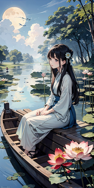Masterpiece, Best Quality, Official Art, 8k Wallpaper, Very Detailed, Illustration, Outdoor Landscape at Night, Lotus Leaf, Lotus Flower, Little Moon, Little Attic, (1 Girl, Spread Hanfu Long Skirt, Sitting on a Small Boat, Drunken Expression, Black Hair, Long Hair, Detailed Eyes), BREAK, (Background: River Full of Lotus Leaves, Lots of Lotus Leaves: 1.3, Lots of Withering Lotus Flowers: 1.3, Clouds in the Sky), Lots of Lotus Leaves, Lots of Lotus Flowers, Lotus Flowers Withering