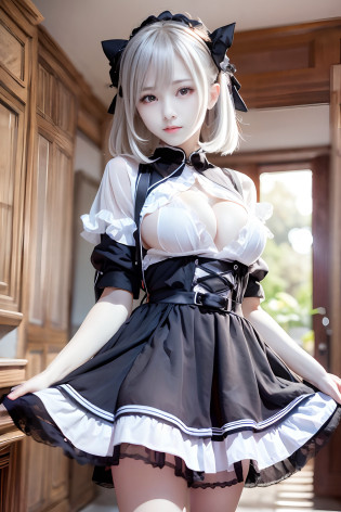 ?masterpiece?top-quality?hight resolution?extremely detailed photo?profetional lighting?A sexy maid?doress?Lori in a dress?gorgeous maid?maid clothes?maid dress?Maid in uniform?Girl in maid clothes?white  hair?Black ruffled dress