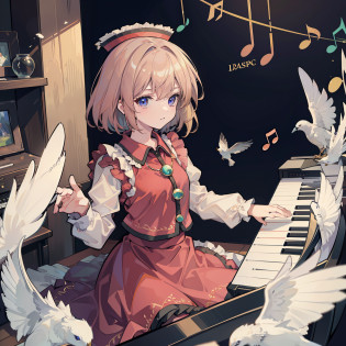Lyrica Prismiver playing keyboard, masterpiece, fine detail, 4k, 8k, 12k, solo, one person, beautiful girl, caucasian female, Lyrica Prismiver, spring, bird flying away, air, music room