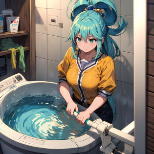 (melhor qualidade: 1.4), Anime Konosuba, sozinho, Aqua (cabelo longo) na lavanderia , washing clothes in the washing machine, triste, chorando