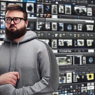 High detail RAW color, (full body Photo) of an unattractive man, wide hips, wearing a ((dirty grey hoodie, sweatpants)), ((scruffy beard, balding, chubby face, wide chin, squinting, glasses)), (standing in front of a wall of monitors and computers in an office), realistic, symmetrical, highly detailed, harsh lighting, cinematic lighting, serious eyes, contrast, textured skin, cold skin pores, hasselblad, 45 degree, hard light, gigapixel, pimples, 85mm, F/4