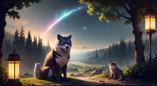 ((melhor qualidade)), ((obra-prima)), (detalhado), Uma clareira iluminada por vaga-lumes, cercada por flores que brilham suavemente. muitos animais da floresta, lobos, corujas, cavalos, ursos, Gather in harmony. The scene is serene and welcoming, Resembling a secret sanctuary in the forest, (Fantasy Illustration: 1.3), olhar encantador, pose cativante, charme sobrenatural, mystical sky, (Luis Royo:1.2), (Yoshitaka Amano:1.1), noite de luar, cores suaves, (paisagem de nuvens detalhada:1.3), (alta resolu��o:1.2)